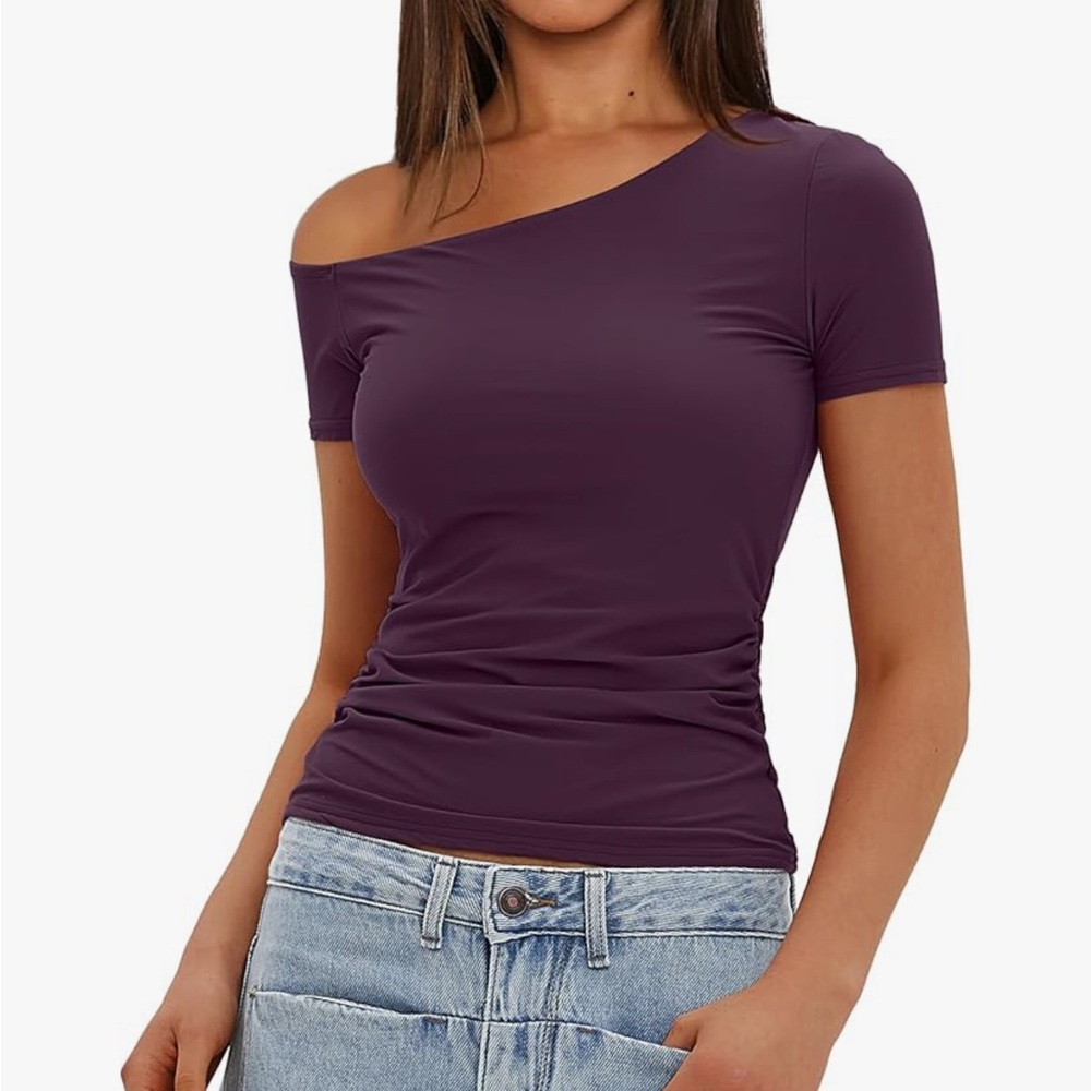 Amazon Purple Asymmetrical Short Sleeve Blouse